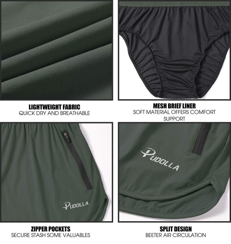 Pudolla Menâ€™s Running Shorts 3 Inch Quick Dry Gym Athletic Workout Shorts for Men with Zipper Pockets(Black Green Small) - Image 5